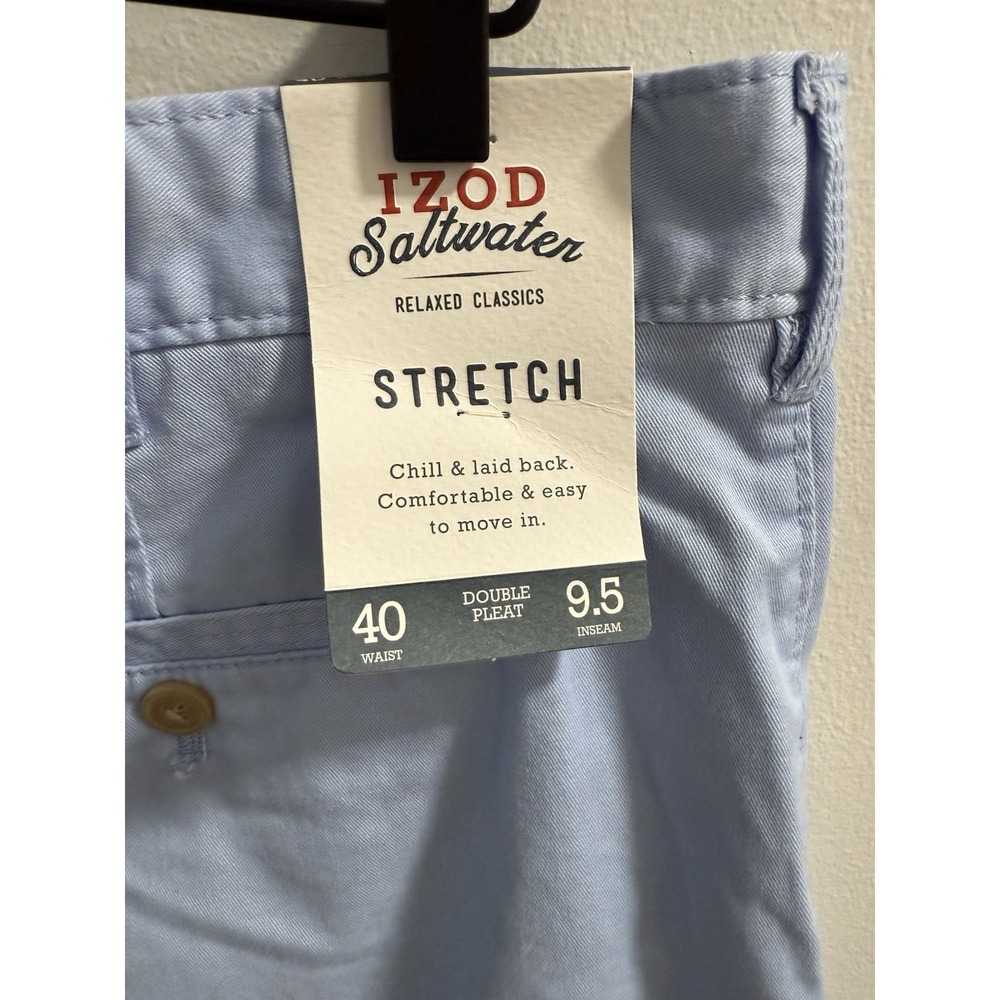 IZOD Saltwater Stretch Shorts Mens 40 Blue Double Pleat Relaxed Classics 9.5" - Picture 2 of 3